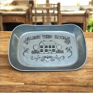 Vintage WILTON ARMETALE Metal Serving Dish Bread Tray 'Bless This House' 11"x7"